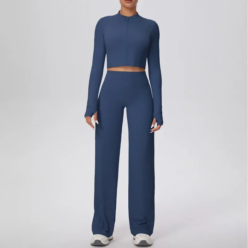 2 Pcs Women's Seamless Yoga Set Long-sleeved Wide-leg Pants Tracksuit Fitness Sports Set High-waisted Hip-lifting Slim-fit Suit