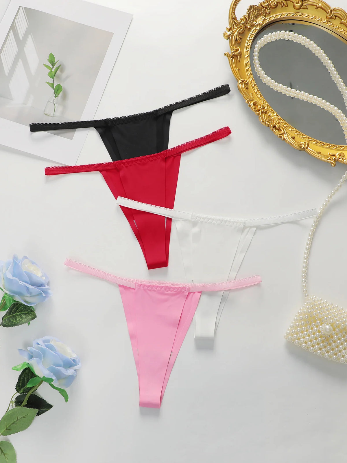 4-piece Set Of Multi-color Women's Sexy Low Waisted Thong Ice Silk Seamless Invisible Underwear Daily Close Fitting Thong C359