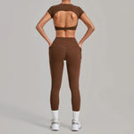 Women's Seamless Yoga Sets Sports Running High Waist Hip-lifting Pants Backless Short-sleeve Suits Workout Fitness Leggings Sets