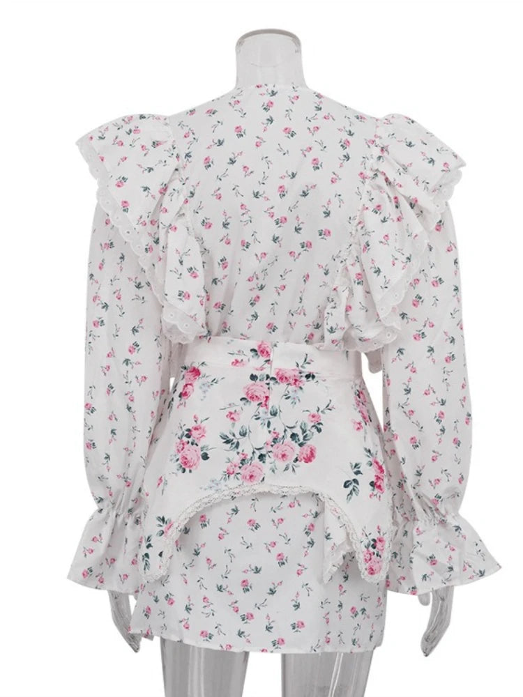 FDYOUI Women's O-neck Single Breasted Ruffles Floral Dress with Corset Ladies Chic Long Sleeve Tunics Shirts Dresses High Street