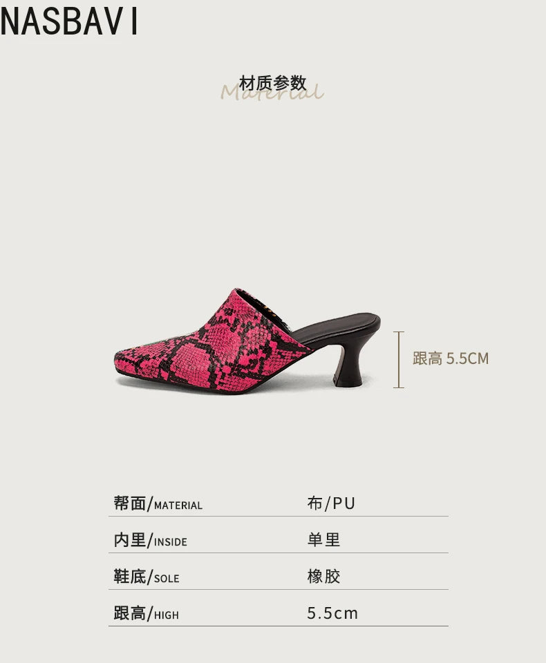 NASBAVI New Breathable Hollow Slippers Stone Pattern Leather Pumps Women Chunky Heels Mules Black Dress Shoes Big Size 45 46 47