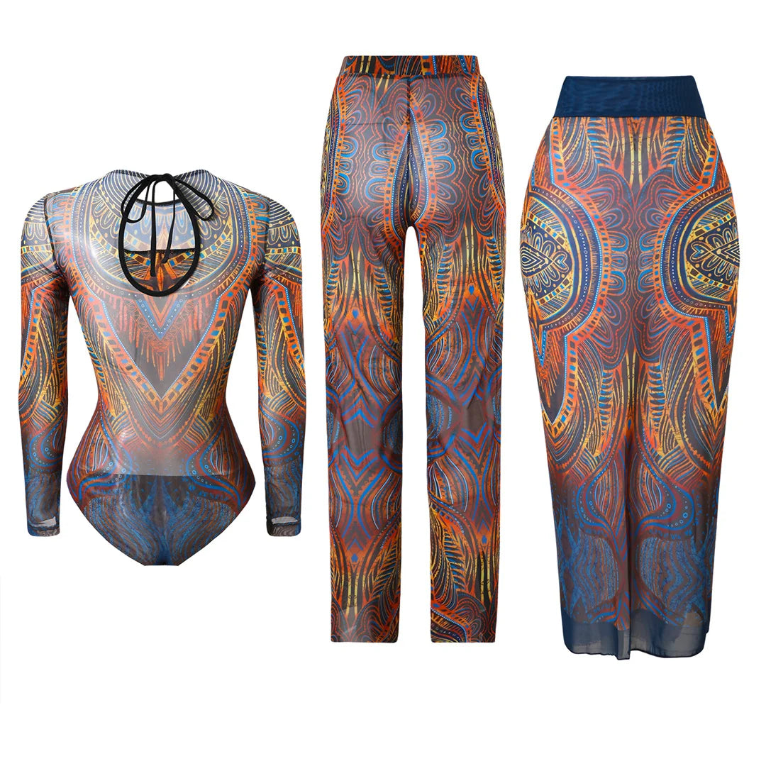 S - XXL 3PCS New Printed Long Sleeve With Pants Sarong Women Swimwear One Piece Swimsuit Female Bather Bathing Suit Swim V7180