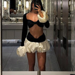 FDYOUI Sexy Flare Sleeve Super-short Zipper Tops+Pleated Skirts 2 Piece Set Women Patchwork Black Ball Gown Evening Party Dress
