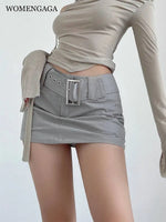 WOMENGAGA Spicy Girl Wide Belt Low Waist Short Skirt Women Safety Skorts Mini Short Skirt Summer New Half Skirt Fashion AH7O