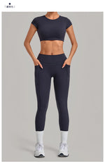 Yoga Set Women's Tracksuit Short Sleeve Back Hollow Out Sports Top Athletic Wear Tight High Waist Pocket Leggings Fitness Suits