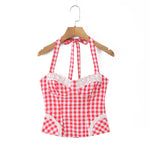 Early Spring New French Style Sexy Sweet Lace Patchwork Slim Fit Halter Neck Tie Plaid Strap For Woman Cute Pure Desire DW8V