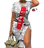Trendy Printed Slim Midi Dresses Women Fashion Package Hip Bodycon Short Sleeves Drawstring Slit Dress Casual Ladies Streetwear