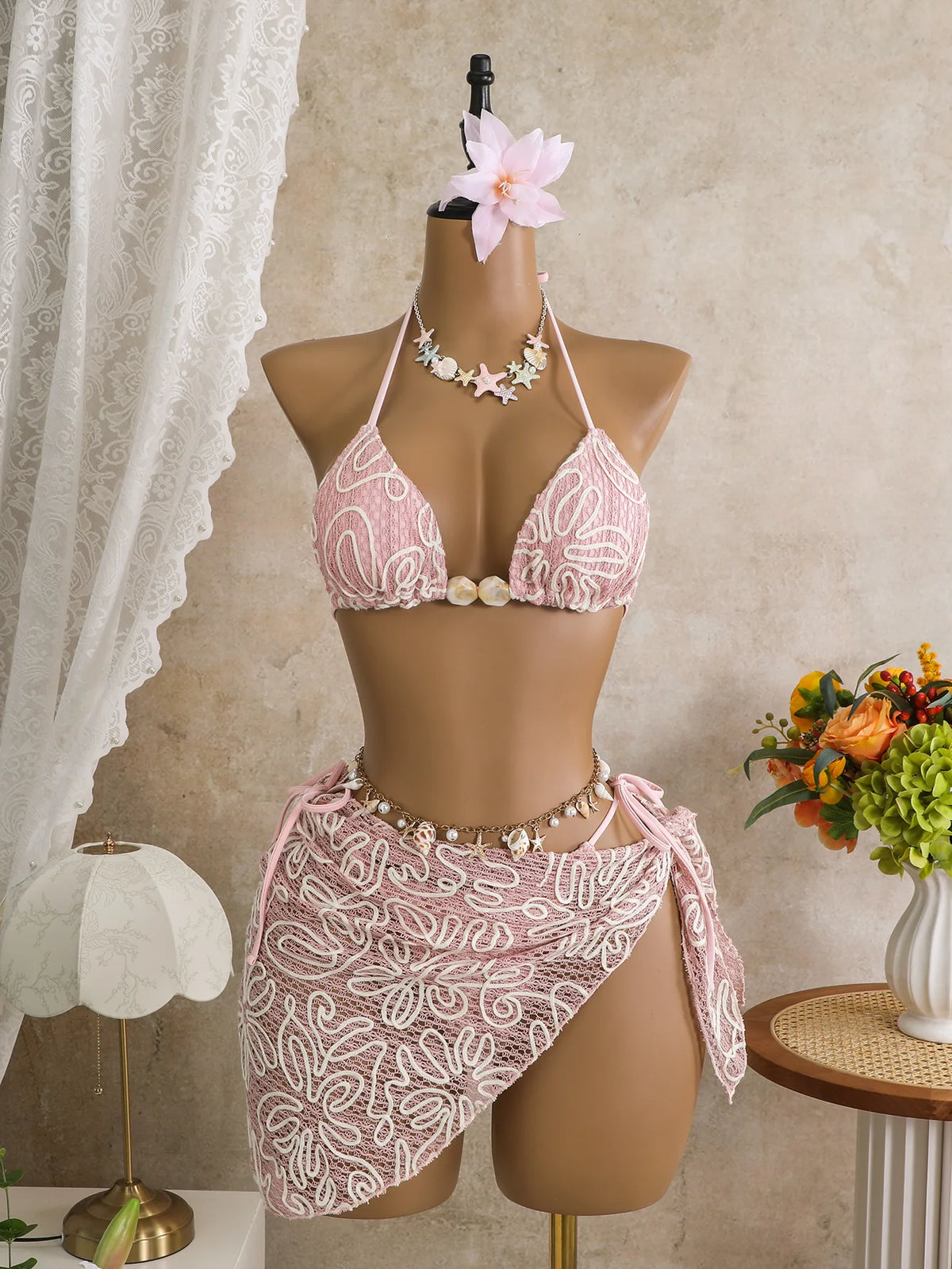 Vintage Pink Mesh Skirt 3 Piece Bikini Set Women Stone Strap Push Up Bra Triangle Swimsuit Holiday Bathing Suit Swimwear 2026