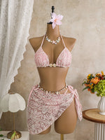 Vintage Pink Mesh Skirt 3 Piece Bikini Set Women Stone Strap Push Up Bra Triangle Swimsuit Holiday Bathing Suit Swimwear 2026