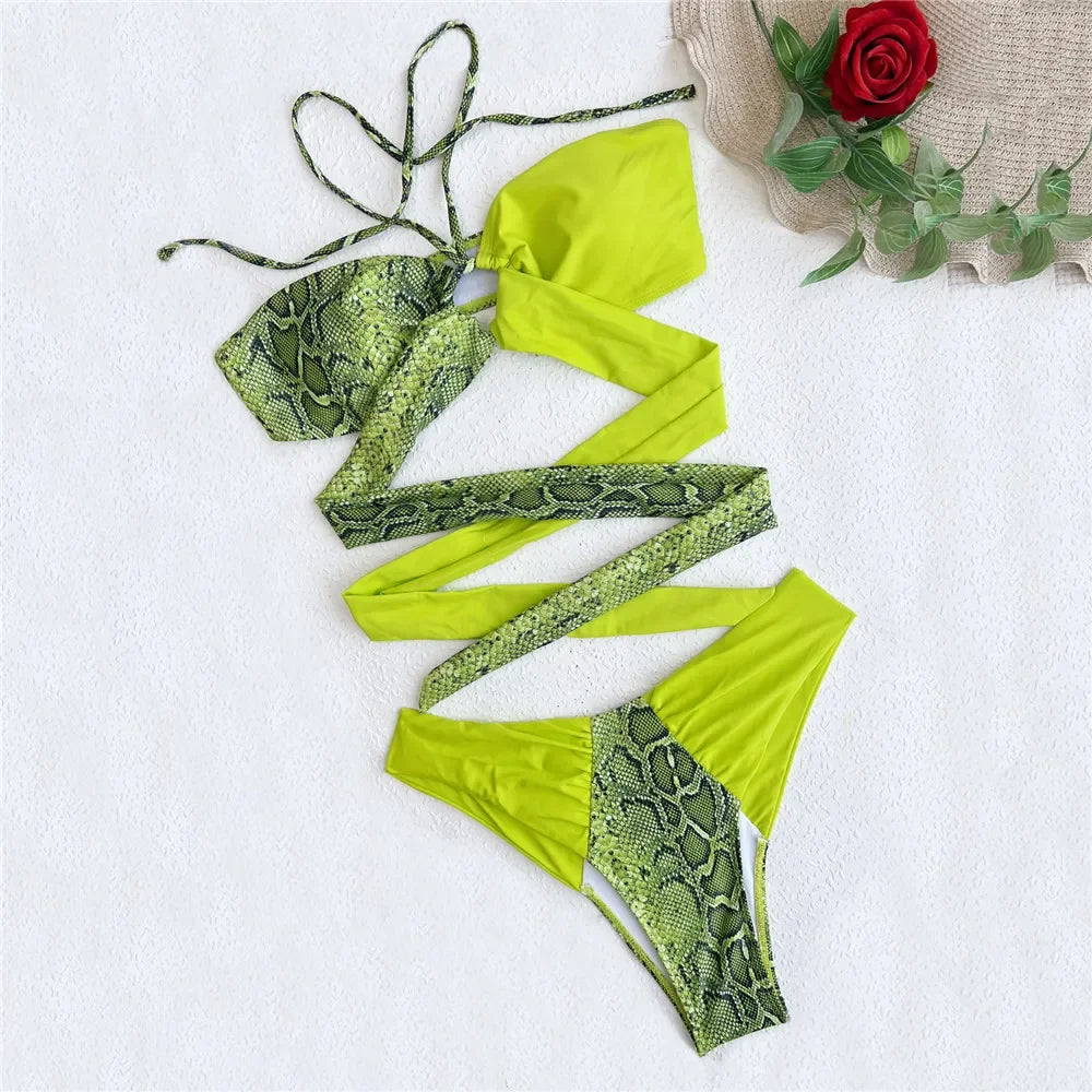 Sexy Snake Print Halter Bandeau Bikinis Set Thong Swimsuit Women Push Up Swimwear High Cut Bathing Suit Biquini Beachwear bikini