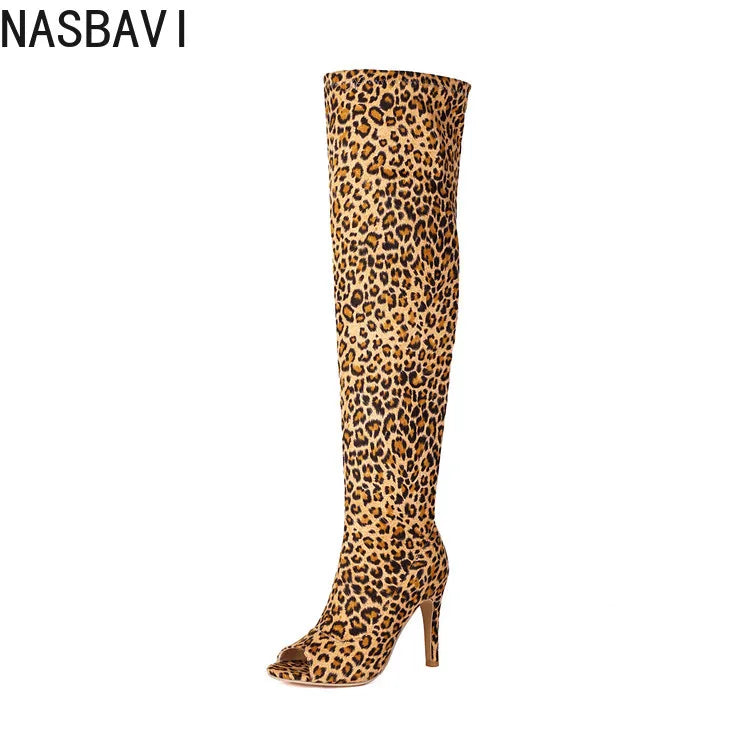NASBAVI Super High Slim Heel Peep Toe Hollowed Boots Zipper Elastic Boots Leopard Print Flock Material Over The Knee Boots 35-48