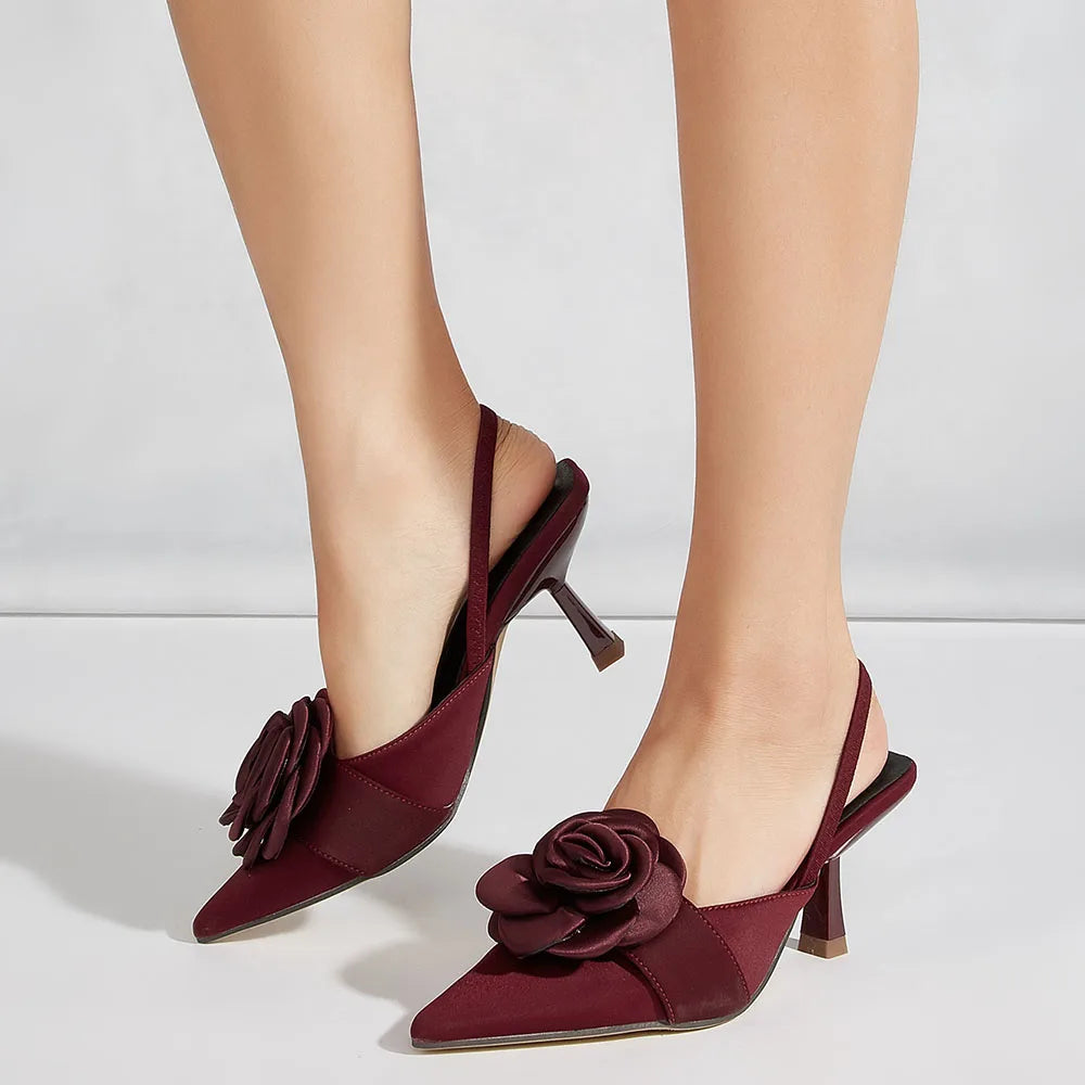 Big Size 43 Elegant Flower Burgundy Slingback Sandals Mules Summer Sexy Pointy Toe Thin High Heels Sandals Shoes Women
