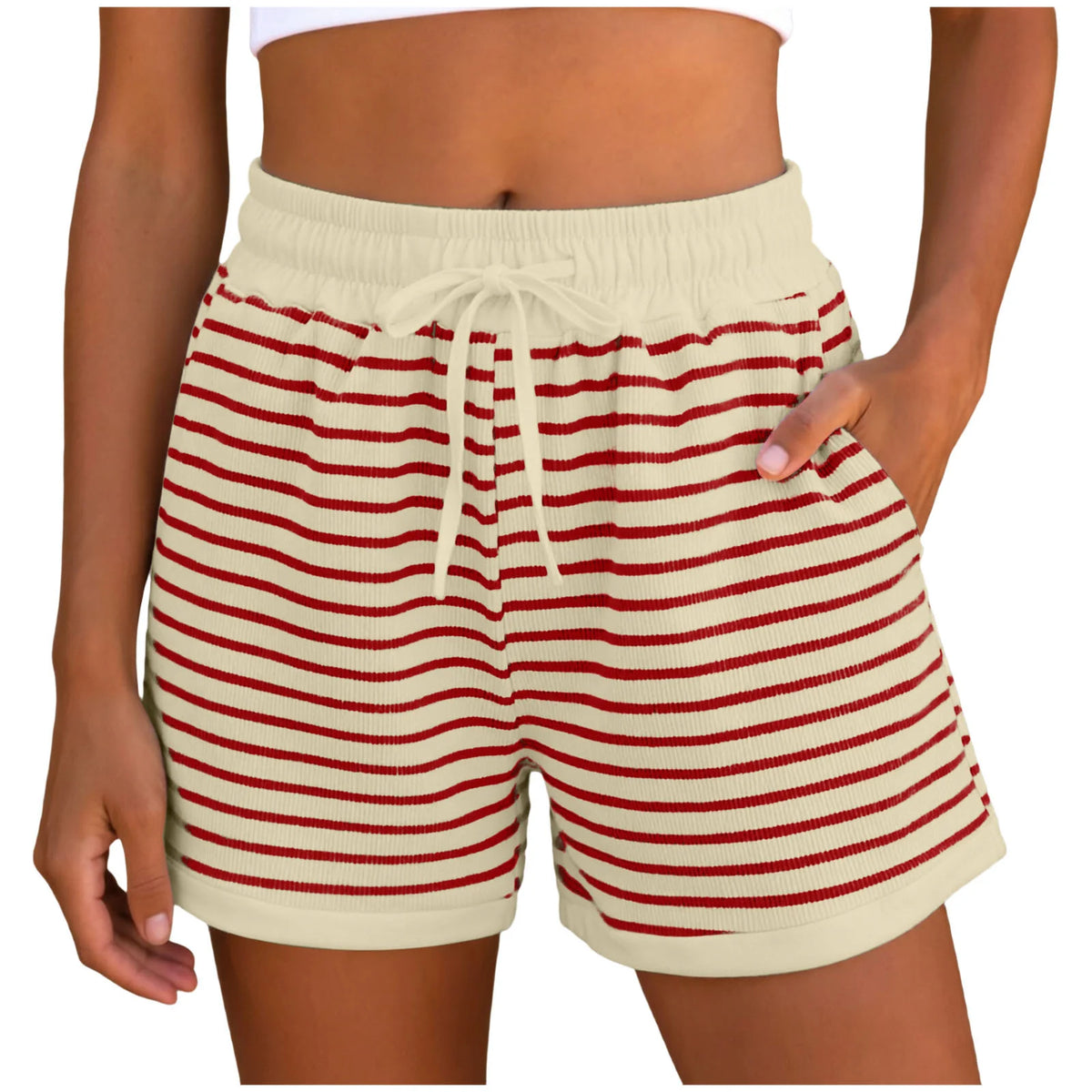 Y2k Cute Contrast Color Elastic High Waist Striped Shorts Women Drawstring Summer Shorts With Pockets Loose Fit Ribbed Shorts