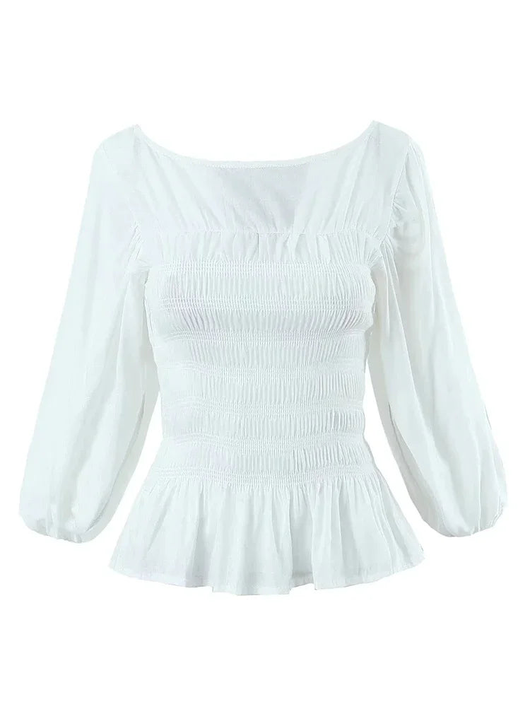 Foridol White Summer Linen Women Blouse Off Shoulder Lantern Sleeve Short Blouse Top 2025 Spring Smocked Pelpum Top New