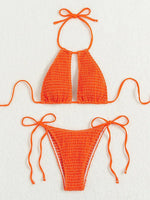 2025 Halter Tie Side Hollow Out Smocked Bikini Women Swimsuit Female Swimwear Two Pieces Bikini Set Swim Bathing Suit Beach Wear