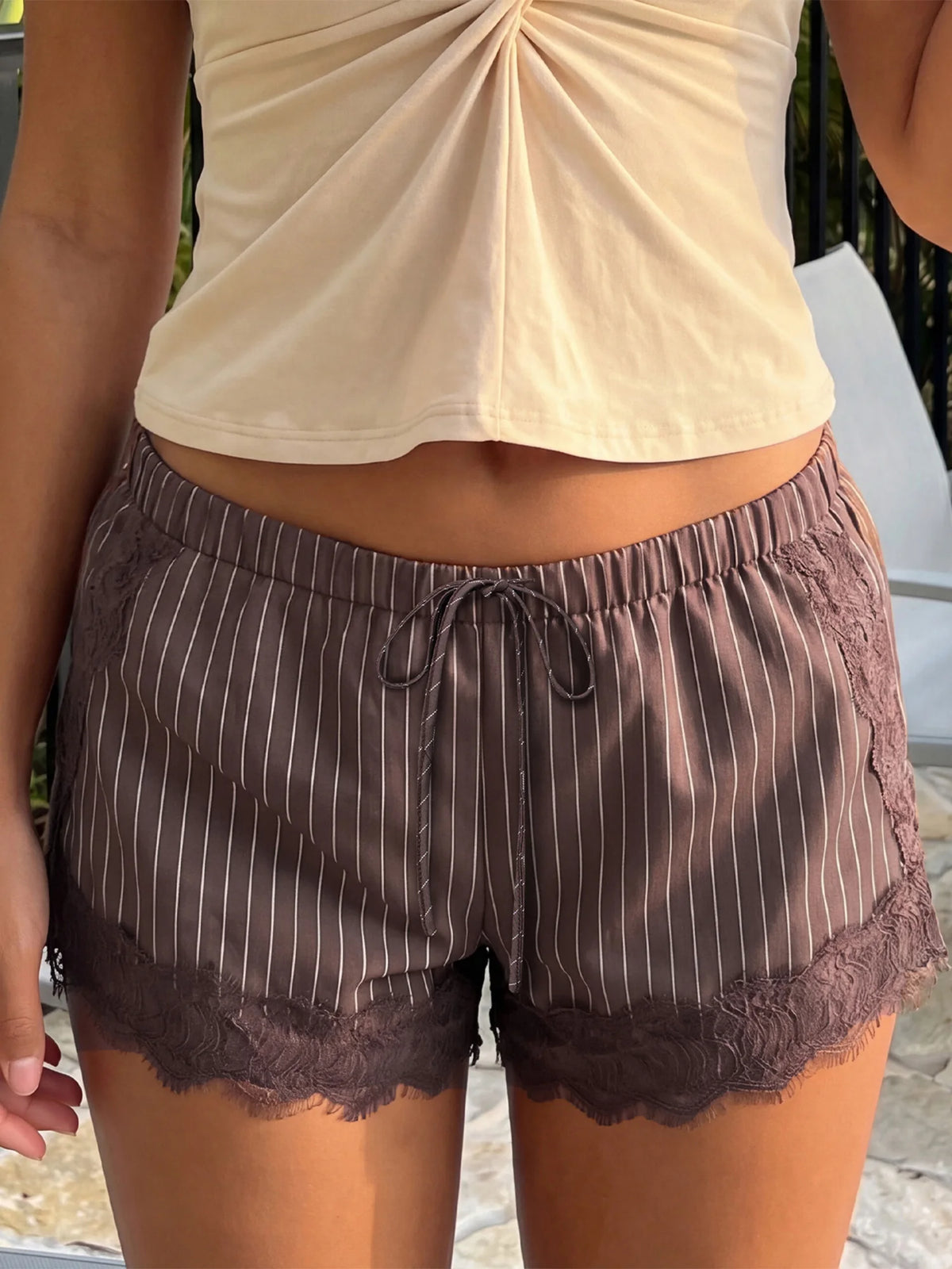 Women's Summer Shorts Elastic Waist Striped Lace Hem Loose Shorts with Pockets Fashion Daily Out Going Lounge Short Pants