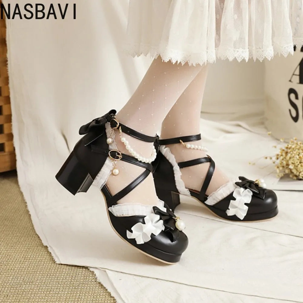 Women's Summer White Buckle Strap Sandals Pink Bowknot Pearls Cross Strap Shoes Black Ruffles High Heels Lady Lolita Party Shoes