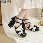 Women's Summer White Buckle Strap Sandals Pink Bowknot Pearls Cross Strap Shoes Black Ruffles High Heels Lady Lolita Party Shoes