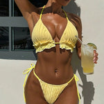 DEKA New Yellow Swimwear Mini Brazilian Ruffled Bikini Set Sexy Laced Up Backless Bikini Women Solid Split Waist Beach Vacation