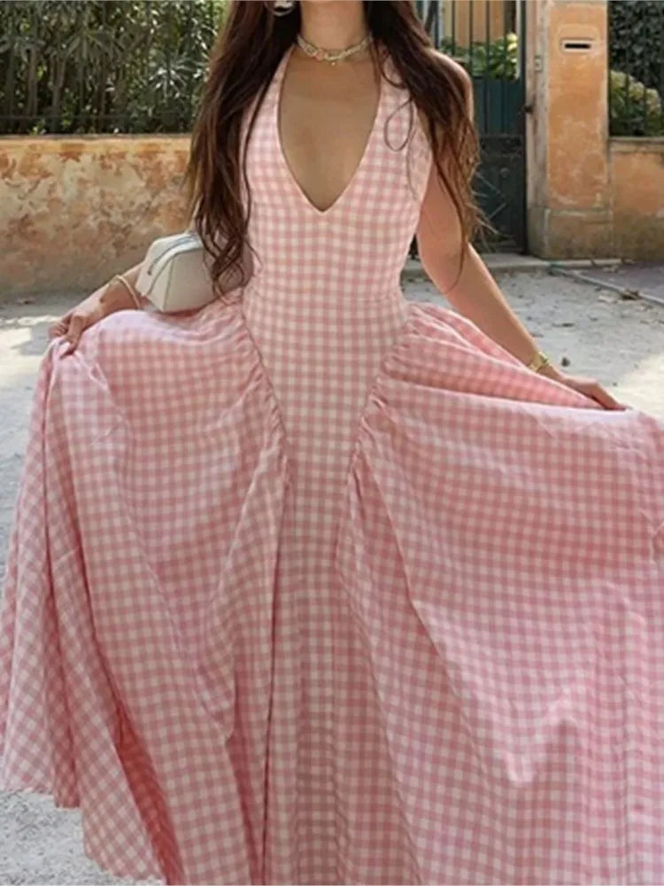 Elegant V-Neck Pleated Long Dresses Women High Waist Summer 2025 French Style Fashion V-neck Backless Lace-up Vacation Vestidos