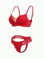 Women Red Lace Lingerie Set Floral Bra and low-rise thong Sheer Sexy Weekend Date Night Underwear J2527