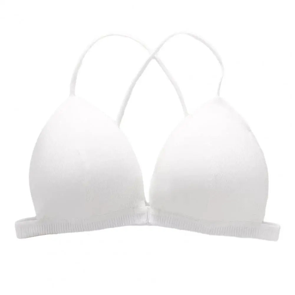 Women Simple Bra Triangle Cup Thin Straps Wrapping Chest Front Buckle Wireless Ribbed Bra Sexy Sports Cross Back Bra