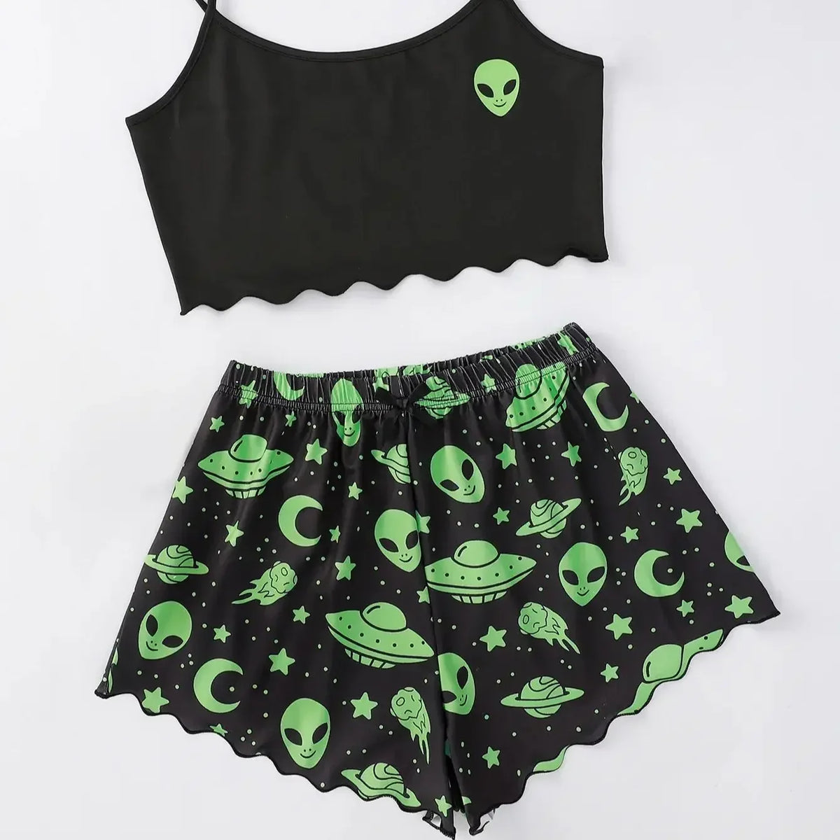 Sexy Alien Print Sling Sleepwear Women's Pajamas Set V-Neck Pyjamas Female Homewear Sleeveless CuteTop And Shorts