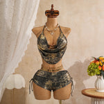 Sexy Hot Stamping Gold Swimwear Women 2026 Collar Split Top Drawstring Side High Waist Bikini Set Summer Bathing Suit Swimsuit