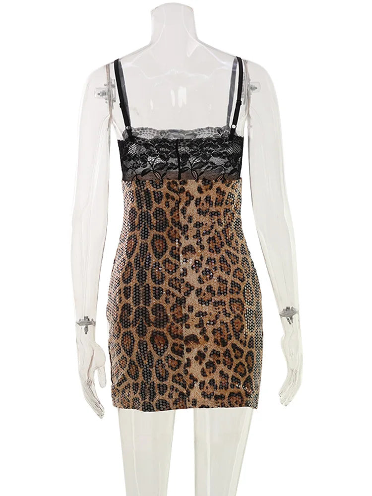 Ahagaga Camisole Sexy Mini Dresses Women Backless Lace Patchwork Leopard Print Sequin Slim Bodycon Y2K Club Party Vestidos
