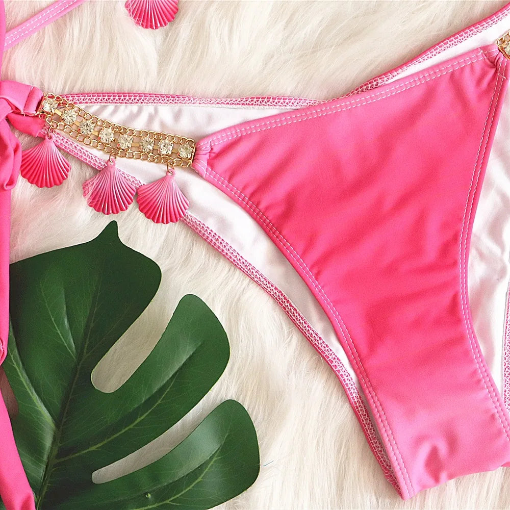 DEKA Shell Bikinis Swimsuit with Rhinestones Criss Cross Bikini Set Women Pink Push Up Bathing Suit Diamond Thong Swimwear