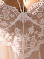 Pure white wedding-style lace net gauze nightgown set-French deep V cross straps sheer sexy pajama thong set for women ZA825096