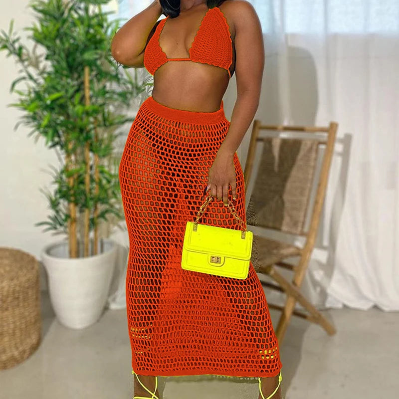 DEKA Beach Cover Up High Split Crochet Knitted Tunic Beach Dress Beach Wear Beachwear Women Long Knit Hollow Tassels Skirt Suit