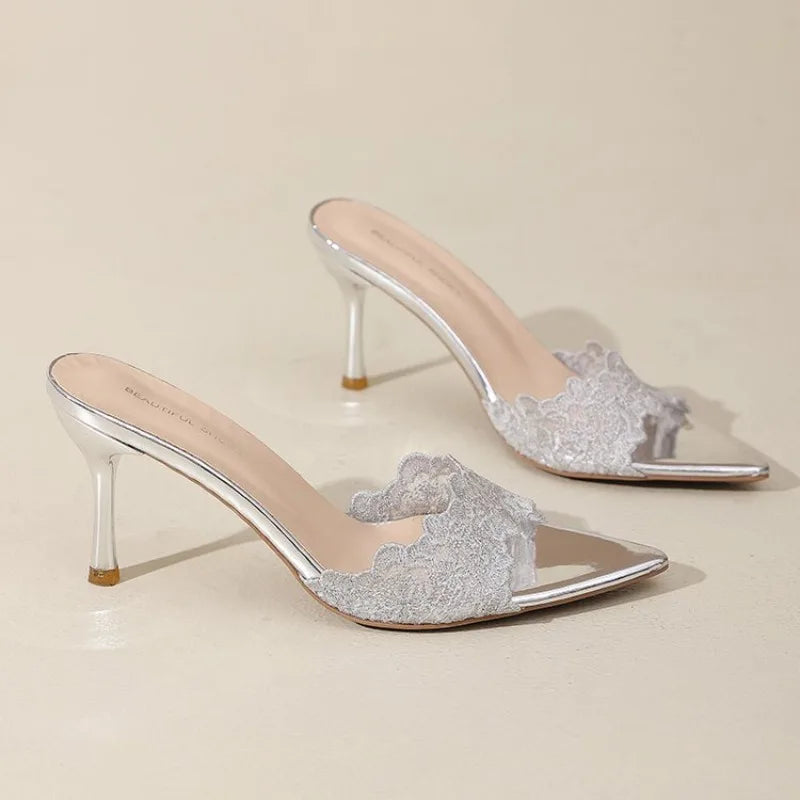 French champagne lace embroidered pointed high-heeled slippers women's versatile sexy celebrity fish mouth stiletto sandals