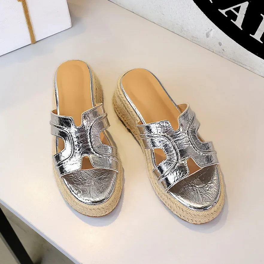 Spring 2025 Women's Slippers Hollow Out Strap Waterproof Thick Heel Woven Rope Country Style Slip-On Shoes Polyurethane Material
