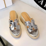 Spring 2025 Women's Slippers Hollow Out Strap Waterproof Thick Heel Woven Rope Country Style Slip-On Shoes Polyurethane Material