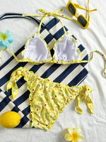 Women Cute Bikini Set 2025 New Summer Orange Floral Print Halter Ruffles Push Up Tie Side Thong Swimsuit Bathing Suit