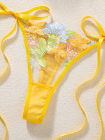 Women Yellow Floral Embroidery Lingerie Set Bow Tie Side Sheer Mesh Bra And Thong 2‑Pieces Intimate Underwear ZA825291