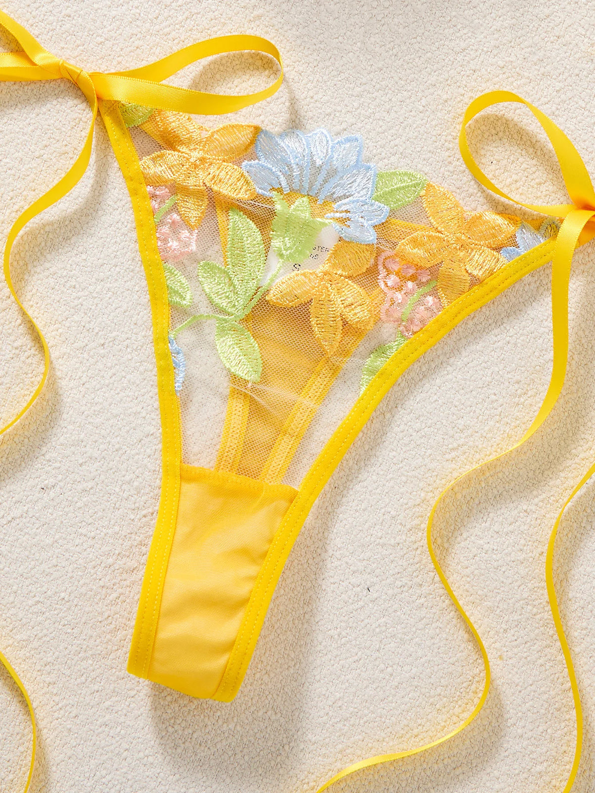 Women Yellow Floral Embroidery Lingerie Set Bow Tie Side Sheer Mesh Bra And Thong 2‑Pieces Intimate Underwear ZA825291