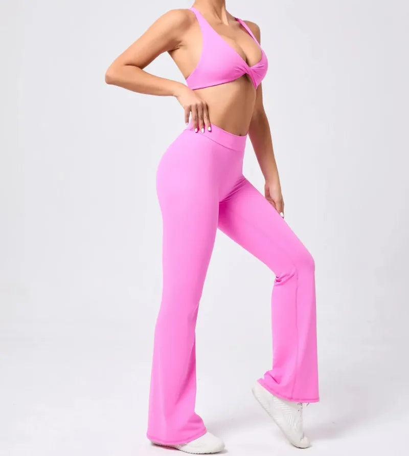 Women's Seamless Yoga Sets Brushed Fabric Flared Hip-Lifting Pants Cross Beauty Back Bra Suits Gym Workout Fitness Training Sets