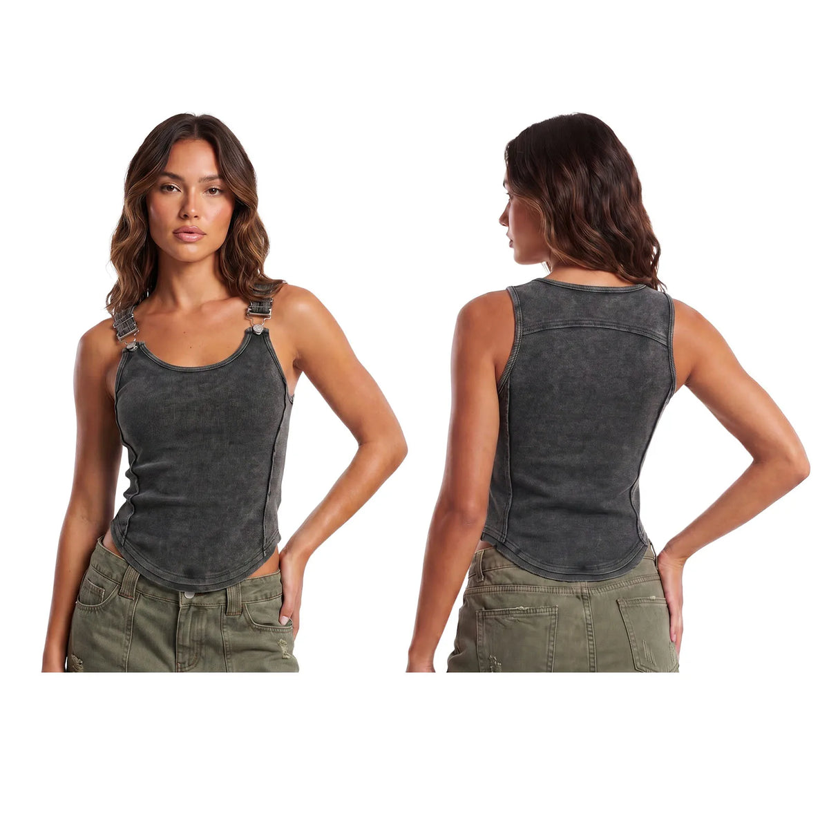 Summer Women's Solid Ribbed Tank Tops Stylish Sleeveless U Neck Camisole with Metal Buckle Straps Gothic Punk Vest
