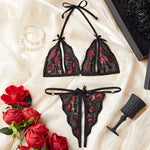 Hot Lip Print Halter Lace Contrast Exotic Set For Women Open Chest Bra And Thongs Sets Crotchless Underwear Cute Sexy Lingerie