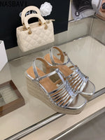 9cm Heeled Wedges Ankle Sandals Black Dress Shoes for Women T-Strap Silver Chunky Heels Summer Platform Bohemia Sandals 2026