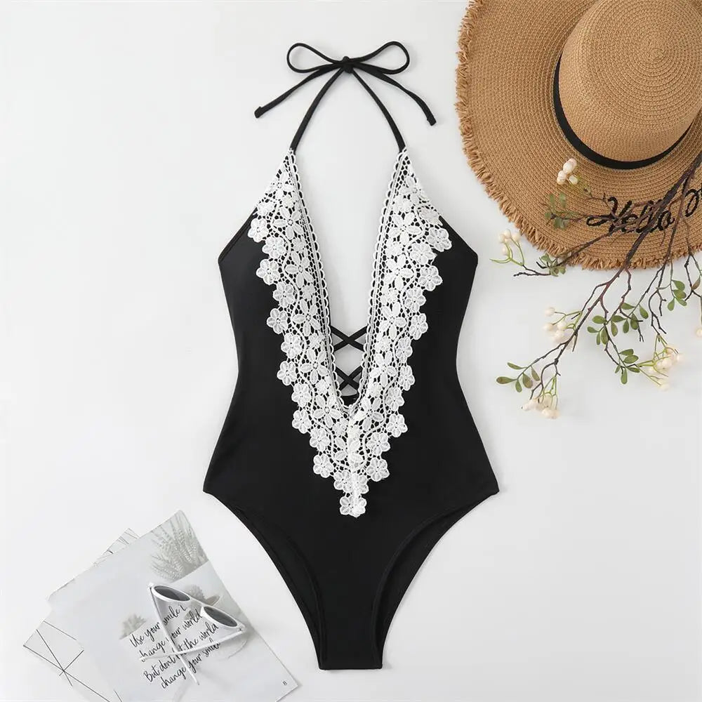 Sexy Push Up Tummy Control Swimwear Women Black Plunge Neck Padded One Piece Swimsuit Lace Beach Bathing Suit Bodysuit Monokini