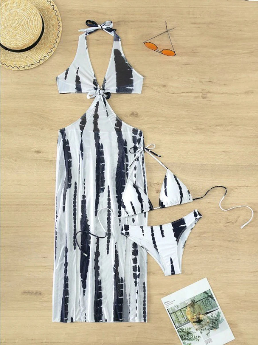 3 Pieces Halter Ring Link Bikini 2026 Women Cut Out Side Cover Up Dress Swimsuit Sexy Swimwear Female Bathing Swimming Swim Suit