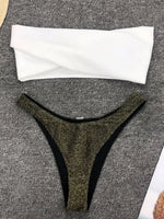 Sexy Sparkling Shiny Ribbed Bandeau Bikini 2025 Women Swimsuit Female Swimwear Two piece Bikini Set Triangle Bathing suit Swim