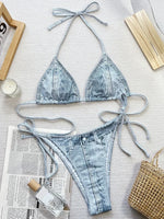 Denim Printed Halter Strappy High Cut Bikini Female Swimsuit Women Swimwear Two-pieces Bikini Set Bather Bathing Suit Swim Lady