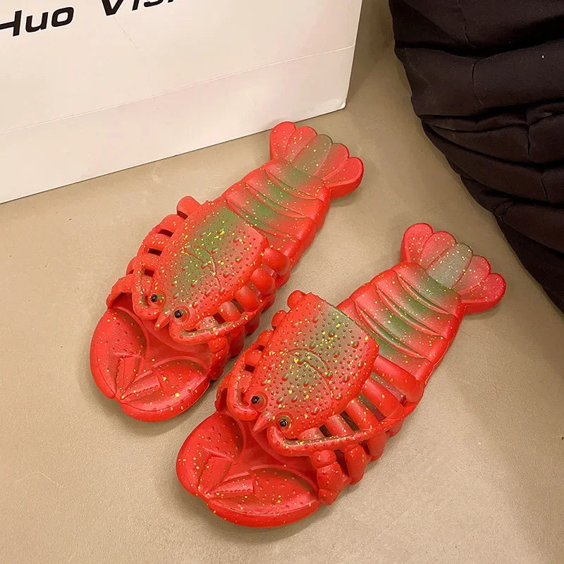 2025 New Metal Color Funny Lobster Slippers For Women Men Summer Shoes Anti-slip Cute Cartoon Couples Indoor Beach Slides