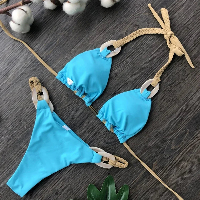 Patchwork Halter High Cut Knitted Bikini Women Swimwear Female Swimsuit Two-pieces Bikini Set Brazilian Bather Bathing Suit Swim