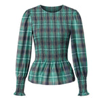 Women T-shirt Elegant Long Sleeve Crew Neck Pleated Ladies Vintage Plaid Print Tops Spring Fall Streetwear