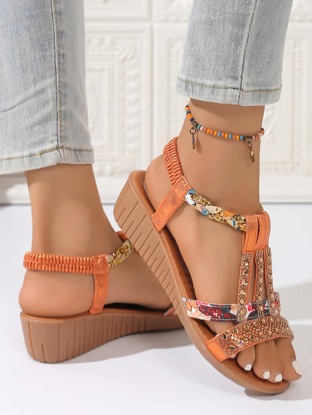 Shoes for Women Summer Women Wedge Bohemia Rhinestones Casual Platform Sandals Female Peep Toe Outdoor Beach Shoes 2026